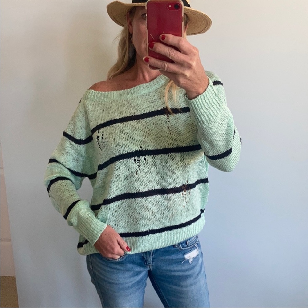 Mint Green & Navy Stripe Distressed Sweater